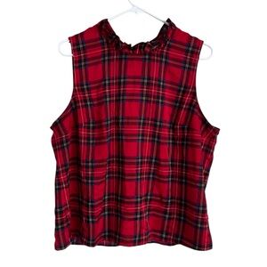 J Crew Red Tartan Plaid Ruffle Neck Tie Back Top Holiday Preppy Sleeveless Large